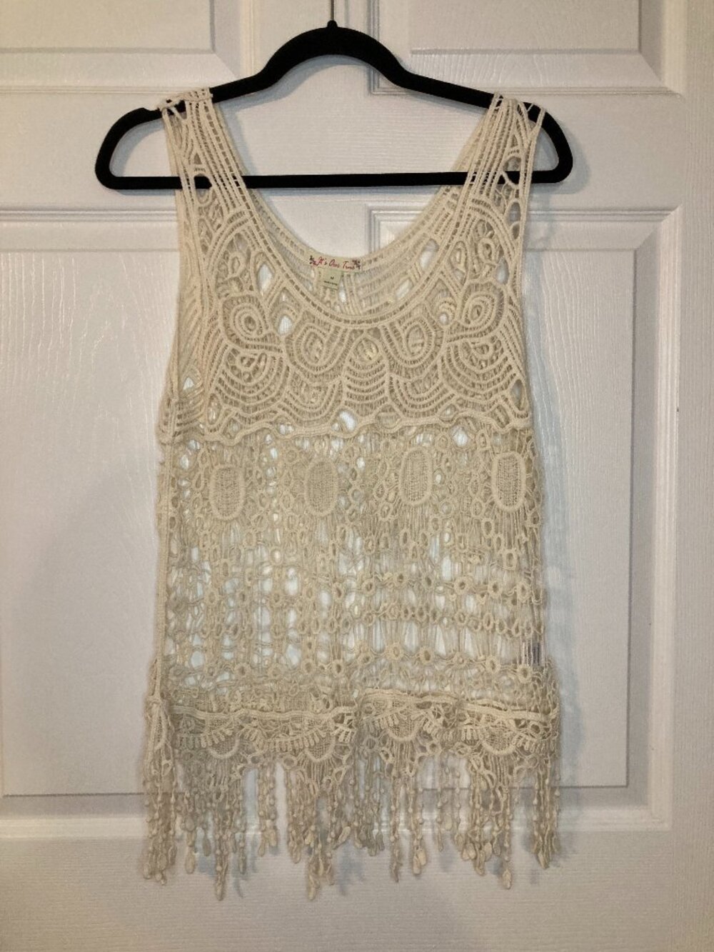 It's Our Time Women's Ivory Crochet Open-Knit Tank Top With Fringe - Size M